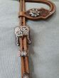 Custom Two Ear Headstall Antique Russet with Flower Tooling - Antique Copper/White