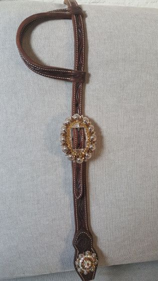 Custom Two Ear Headstall with Gold Crystals