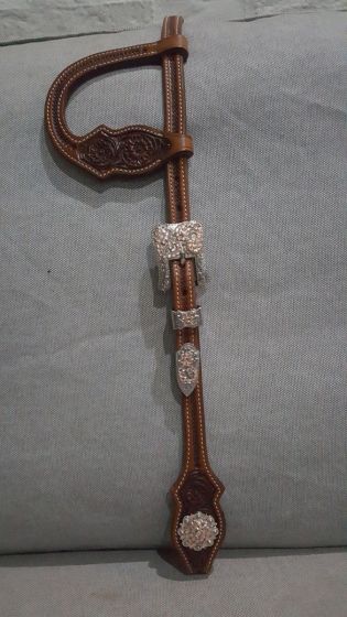 Custom Antique Chestnut Two Ears Headstall with Peach Crystals