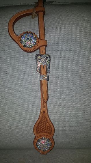 Custom Herman Oak Two Ear Headstall with Multicolor Crystals