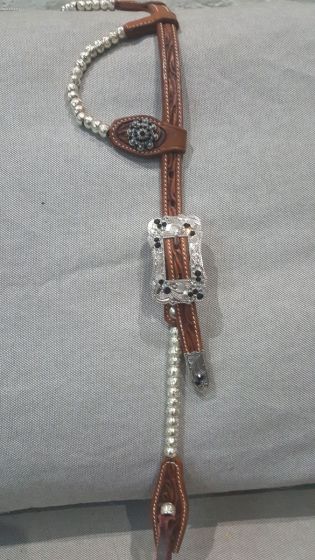 Custom Two Ear Chestnut Headstall Silverballs with Black Crystals