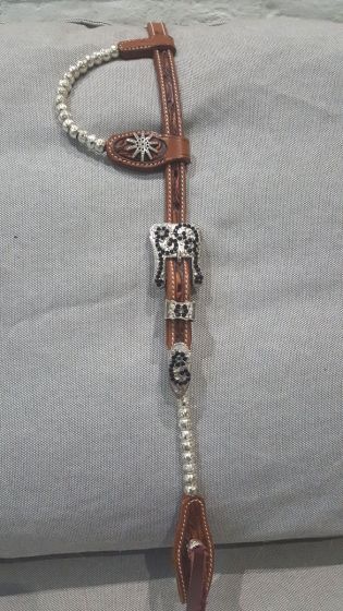 Custom Two Ear Antique Chestnut Headstall Silverballs with Black Crystals