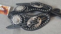Custom Black flower tooled spur straps with crystals