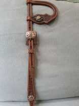 Custom Two Ear Headstall Antique Chestnut with Flower Tooling - Antique Copper/Peach