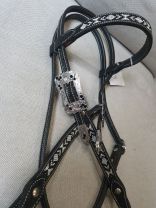 Custom Browband Headstall Black with Black/White Beads and Black Crystals