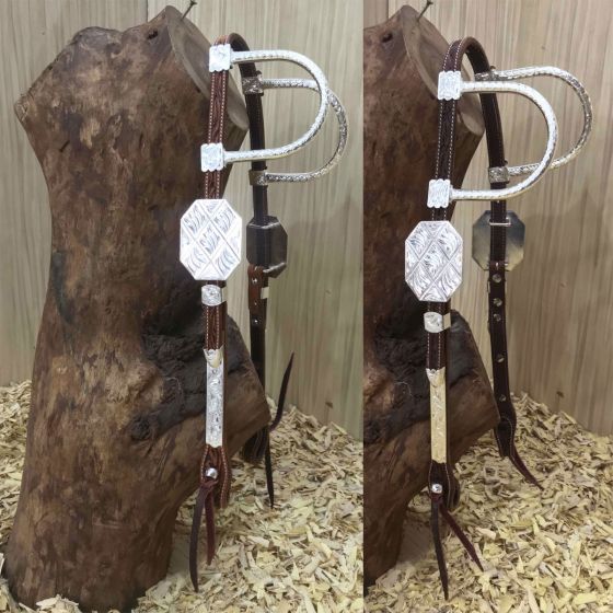 Two Ear Headstall with Silver buckles, earpieces and cheekpieces