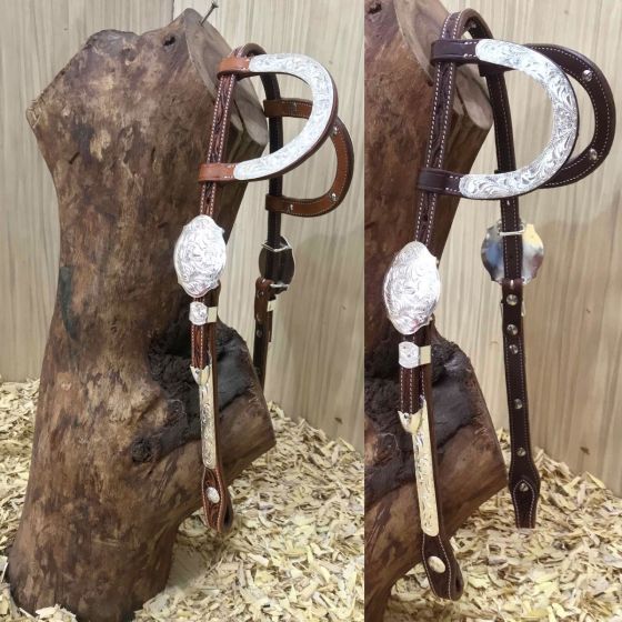 Two Ear Headstall with SILVER buckles, silver plate earpieces and cheekpieces