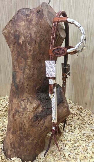 Two Ear Headstall With Silver buckles, silver barrel earpieces and silver plate cheekpieces