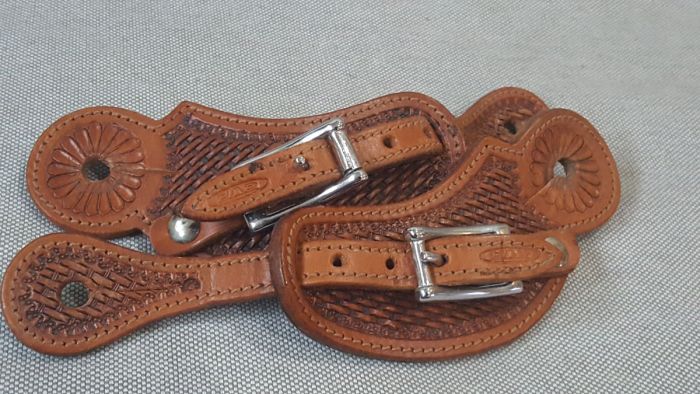 Kids spur straps chestnut basket tooling
