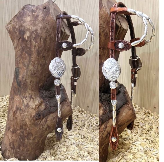 Two Ear Headstall With SILVER buckles, silver barrel earpieces and cheekpieces and silver conchos